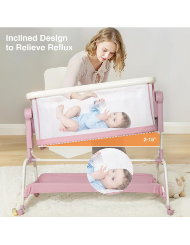 Cuna de Lado 3 en 1 QueenFul Rosa Ajustable Plegable