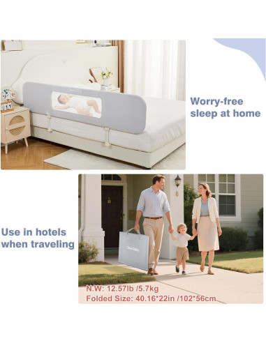 Barandilla de Cama Ciilee para Niños 185 cm Ajustable Gris