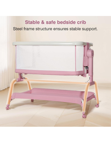 Cuna de Lado 3 en 1 QueenFul Rosa Ajustable Plegable