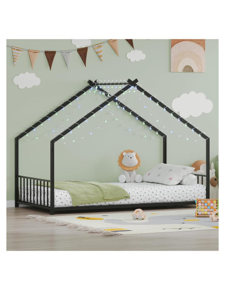 Cama Montessori Individual Zentrava Negra con Techo y LED Cama Montessori Individual Zentrava Negra con Techo y LED