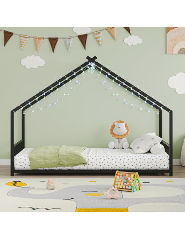 Cama Montessori Individual Zentrava Negra con Techo y LED