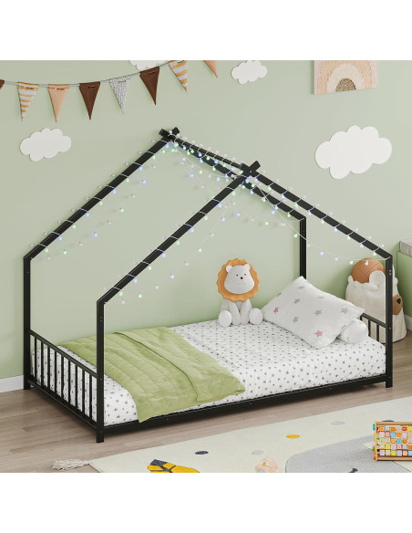 Cama Montessori Individual Zentrava Negra con Techo y LED Cama Montessori Individual Zentrava Negra con Techo y LED