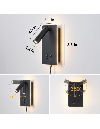 Lámpara de Lectura LED de Pared MOLUOLA S07G con USB y 3 Brillos