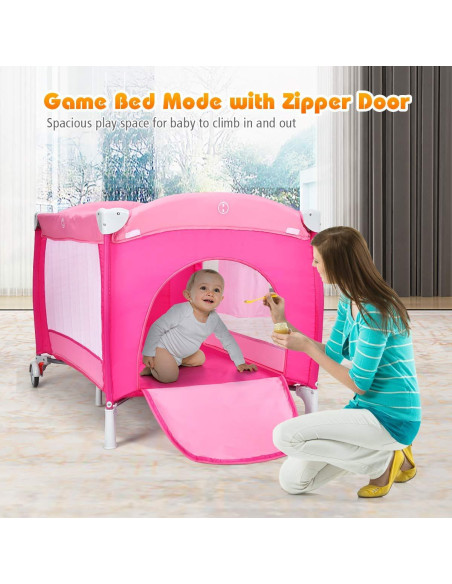 HONEY JOY Parque Infantil 4-en-1 Plegable Rosa con Cuna HONEY JOY Parque Infantil 4-en-1 Plegable Rosa con Cuna