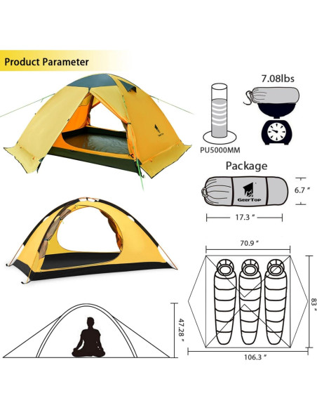 Tienda de Camping GEERTOP 2 Personas Impermeable 4 Estaciones