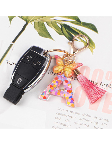 Llavero Inicial Personalizado Rosa con Borla Mariposa para Mujeres Llavero Inicial Personalizado Rosa con Borla Mariposa para Mujeres