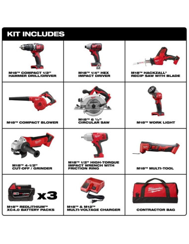 Kit de Herramientas Inalámbricas Milwaukee M18 9 Piezas 4.0 Ah