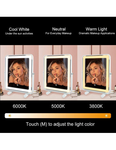 Espejo de Maquillaje LED YEKKOPT 33x25 cm 3 Modos Iluminación