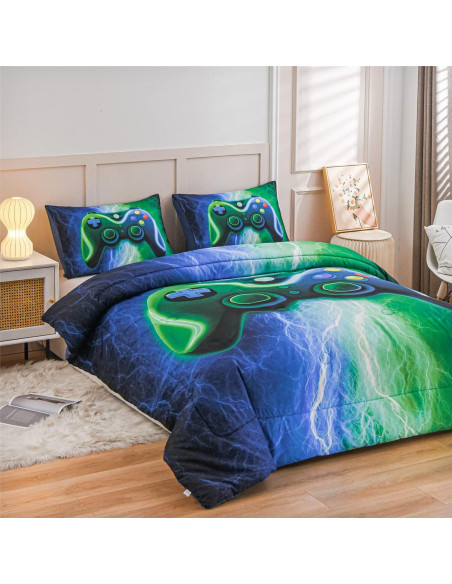 Juego de Ropa de Cama Gamer Meeting Story Individual Azul-Verde Juego de Ropa de Cama Gamer Meeting Story Individual Azul-Verde