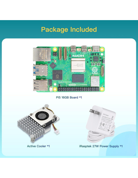 Kit Raspberry Pi 5 iRasptek 16GB RAM + Fuente 27W + Enfriador Kit Raspberry Pi 5 iRasptek 16GB RAM + Fuente 27W + Enfriador