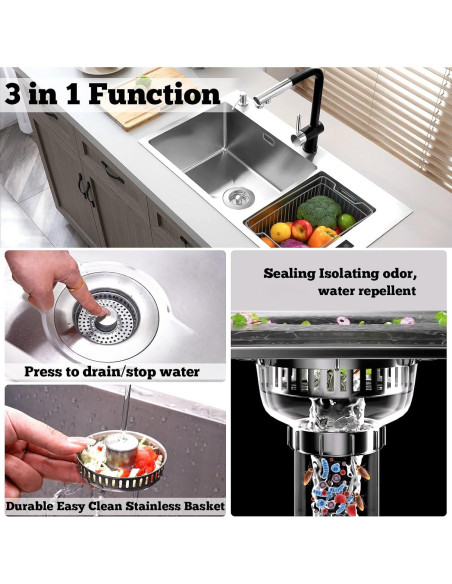 Desagüe de Fregadero 3 en 1 POWERSIR Acero Inoxidable SUS 304 Desagüe de Fregadero 3 en 1 POWERSIR Acero Inoxidable SUS 304