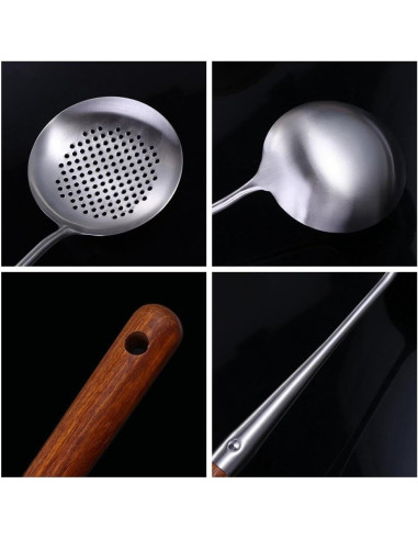Cuchara Ranurada de Acero Inoxidable con Mango de Madera 43 cm