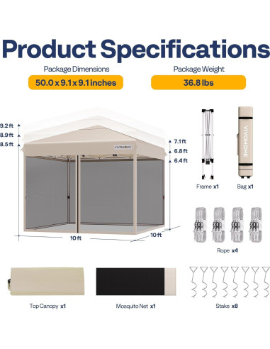 Carpa VIVOHOME 3x3m con Mosquitera y Ruedas Beige