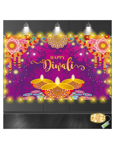 Banner de Fondo Feliz Diwali con Luces LED 1.58m Dreasmt Banner de Fondo Feliz Diwali con Luces LED 1.58m Dreasmt