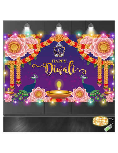 Banner de Fondo Feliz Diwali con Luces LED Dreasmt 1.58m