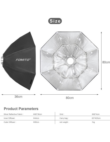 Paraguas Octagonal FOMITO 80cm Reflector Bowens para Estudio Paraguas Octagonal FOMITO 80cm Reflector Bowens para Estudio