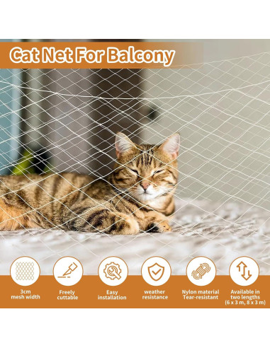 Red de Seguridad para Gatos VINGVO 7.9x3.0m Nylon Anticaídas