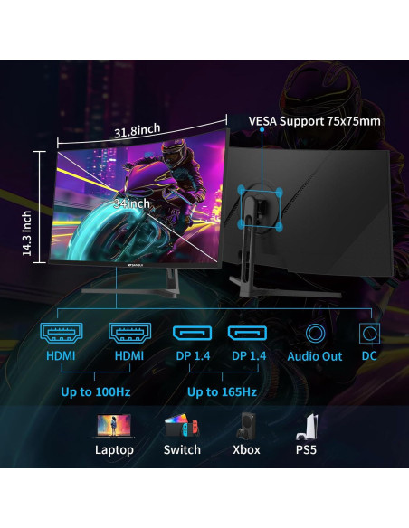 Monitor Curvo SANSUI 34" UWQHD 3440x1440 165Hz FreeSync Monitor Curvo SANSUI 34" UWQHD 3440x1440 165Hz FreeSync