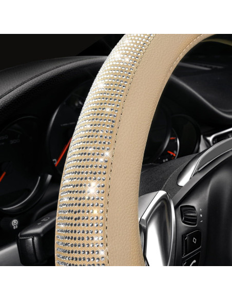 Cubierta de Volante de Cuero Beige con Diamantes Bling CAR PASS 14.5-15" Cubierta de Volante de Cuero Beige con Diamantes Bling CAR PASS 14.5-15"