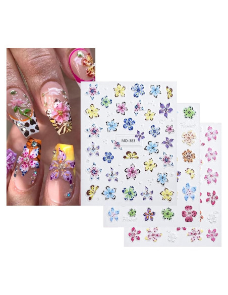 Calcomanías para Uñas MIXFOSAHN 3D Florales 3 Hojas Calcomanías para Uñas MIXFOSAHN 3D Florales 3 Hojas