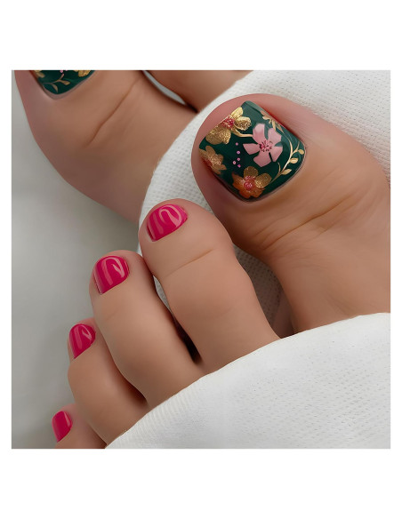 24 Uñas Postizas Cortas de Flores FDSQHSA para Dedos de los Pies 24 Uñas Postizas Cortas de Flores FDSQHSA para Dedos de los Pies