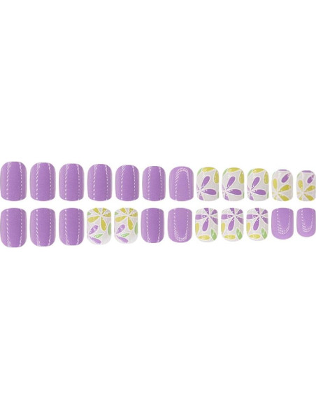 Uñas Postizas Cortas Cuadradas Sevgob Moradas con Flores 24pcs Uñas Postizas Cortas Cuadradas Sevgob Moradas con Flores 24pcs