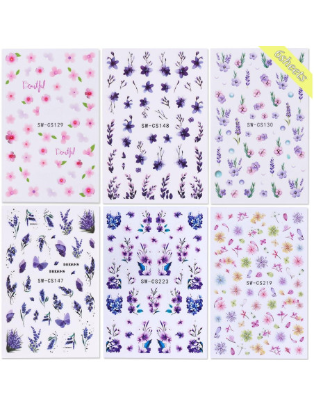 Calcomanías de Uñas 3D Autoadhesivas POWPOP 6PCS Flores Primavera Calcomanías de Uñas 3D Autoadhesivas POWPOP 6PCS Flores Primavera