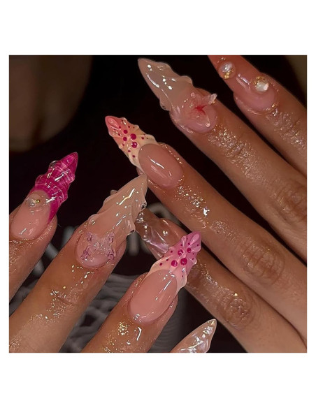 Uñas Postizas Almendra 24 Pcs Brillantes con Diseño 3D Uñas Postizas Almendra 24 Pcs Brillantes con Diseño 3D