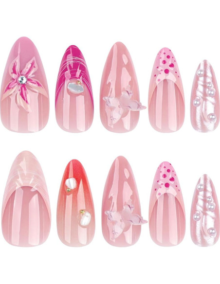 Uñas Postizas Almendra 24 Pcs Brillantes con Diseño 3D Uñas Postizas Almendra 24 Pcs Brillantes con Diseño 3D