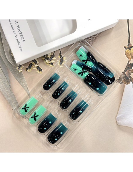 Uñas Postizas Acrílicas TBRZTR Mariposa Verde Oscuro 24Pcs Uñas Postizas Acrílicas TBRZTR Mariposa Verde Oscuro 24Pcs