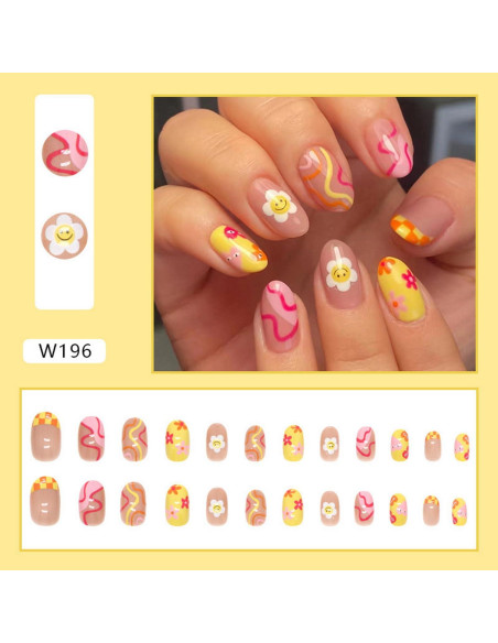Uñas Postizas Acrílicas GritoSe 24pcs Amarillas Nude con Flores Uñas Postizas Acrílicas GritoSe 24pcs Amarillas Nude con Flores