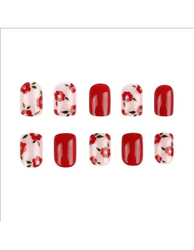 Uñas Postizas Cortas Cuadradas RUPOFUZA 24Pcs Diseño Flores Rojas