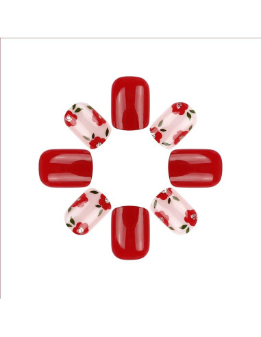 Uñas Postizas Cortas Cuadradas RUPOFUZA 24Pcs Diseño Flores Rojas