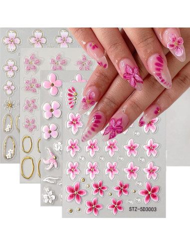 Calcomanías de Uñas TANYOOTO 5D Flores Multicolor 4PCS