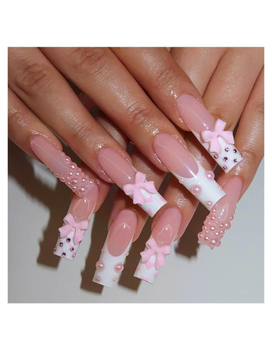 Uñas Postizas Largas RUOKEXIN 24Pcs Brillantes Punta Francesa
