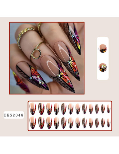 Uñas Postizas Francesas TBRZTR 24 Piezas Diseño Flor y Mariposa