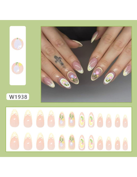 Uñas Postizas KSTBJN Almendra Francesa con Flores 24 Piezas Uñas Postizas KSTBJN Almendra Francesa con Flores 24 Piezas