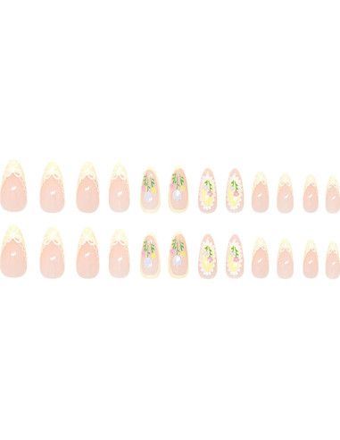Uñas Postizas KSTBJN Almendra Francesa con Flores 24 Piezas