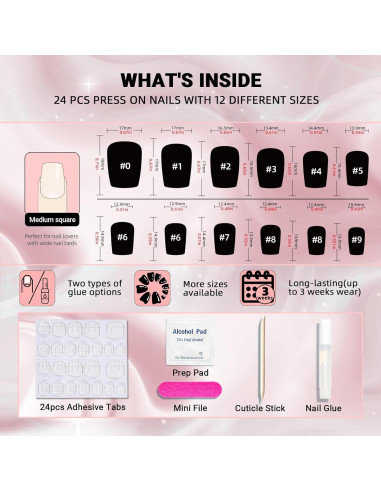 Uñas Postizas Cortas Rosadas Wooyas - 24 Piezas Reutilizables