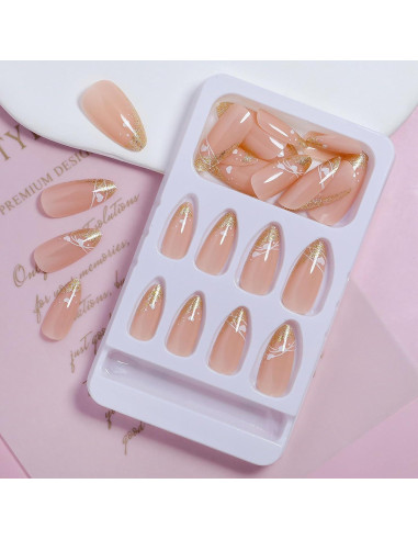 Uñas Postizas Acrílicas TUZANDW 24 Pcs Almendra Brillo Dorado