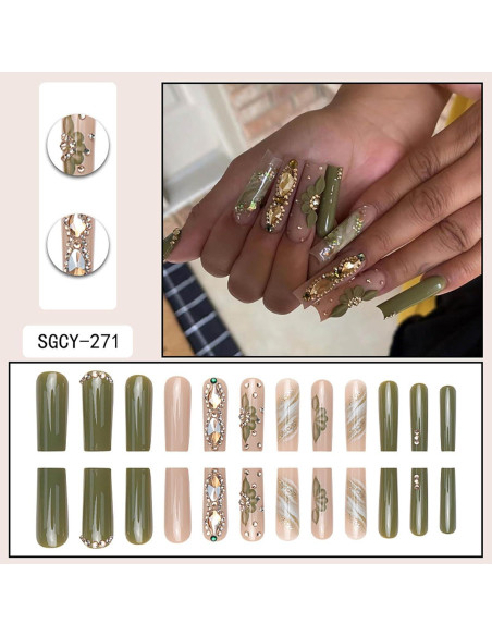 Uñas Postizas Largas RTKHFZ Cuadradas Verdes con Rhinestones Uñas Postizas Largas RTKHFZ Cuadradas Verdes con Rhinestones