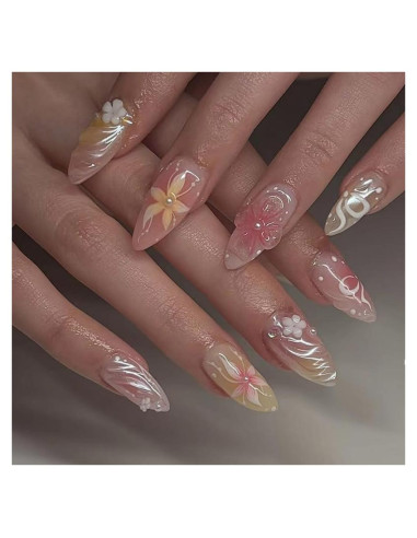 Uñas Postizas 3D XZMeiLun Rosa Almendra 30 Pcs Reutilizables