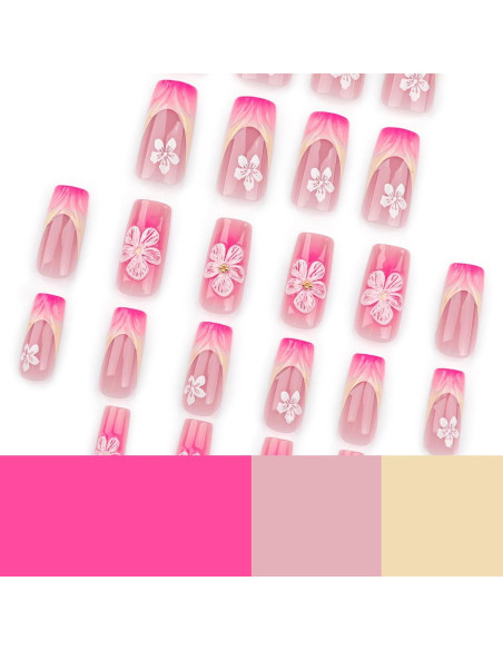 Uñas Postizas Cuadradas CTTHNBD Ombre Rosa 24 Pcs con Flores Uñas Postizas Cuadradas CTTHNBD Ombre Rosa 24 Pcs con Flores
