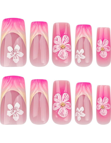 Uñas Postizas Cuadradas CTTHNBD Ombre Rosa 24 Pcs con Flores