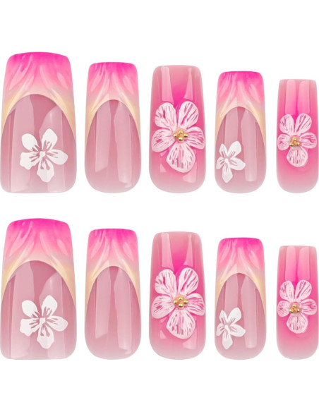 Uñas Postizas Cuadradas CTTHNBD Ombre Rosa 24 Pcs con Flores Uñas Postizas Cuadradas CTTHNBD Ombre Rosa 24 Pcs con Flores