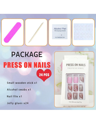 Uñas Postizas Cortas Cuadradas TUZANDW 24 Pcs Brillo Lentejuelas
