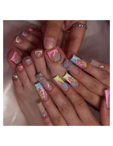 48 Uñas Postizas Acrílicas CEWEWP con Flores y Pegamento 48 Uñas Postizas Acrílicas CEWEWP con Flores y Pegamento