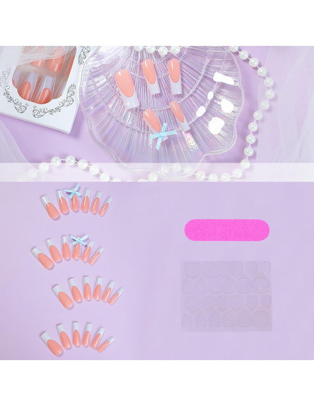 Uñas Postizas Largas Coffin FOXIIU Diseño Francés Azul Uñas Postizas Largas Coffin FOXIIU Diseño Francés Azul