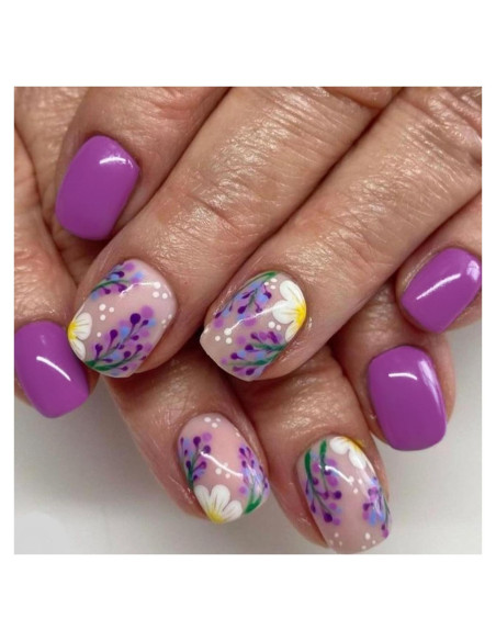 Uñas Postizas Cortas Cuadradas MIXFOSAHN con Flores Moradas 24 Pcs Uñas Postizas Cortas Cuadradas MIXFOSAHN con Flores Moradas 24 Pcs