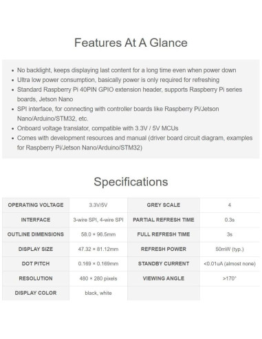 Pantalla E-Paper E-Ink 3.7" Waveshare 480x280 SPI